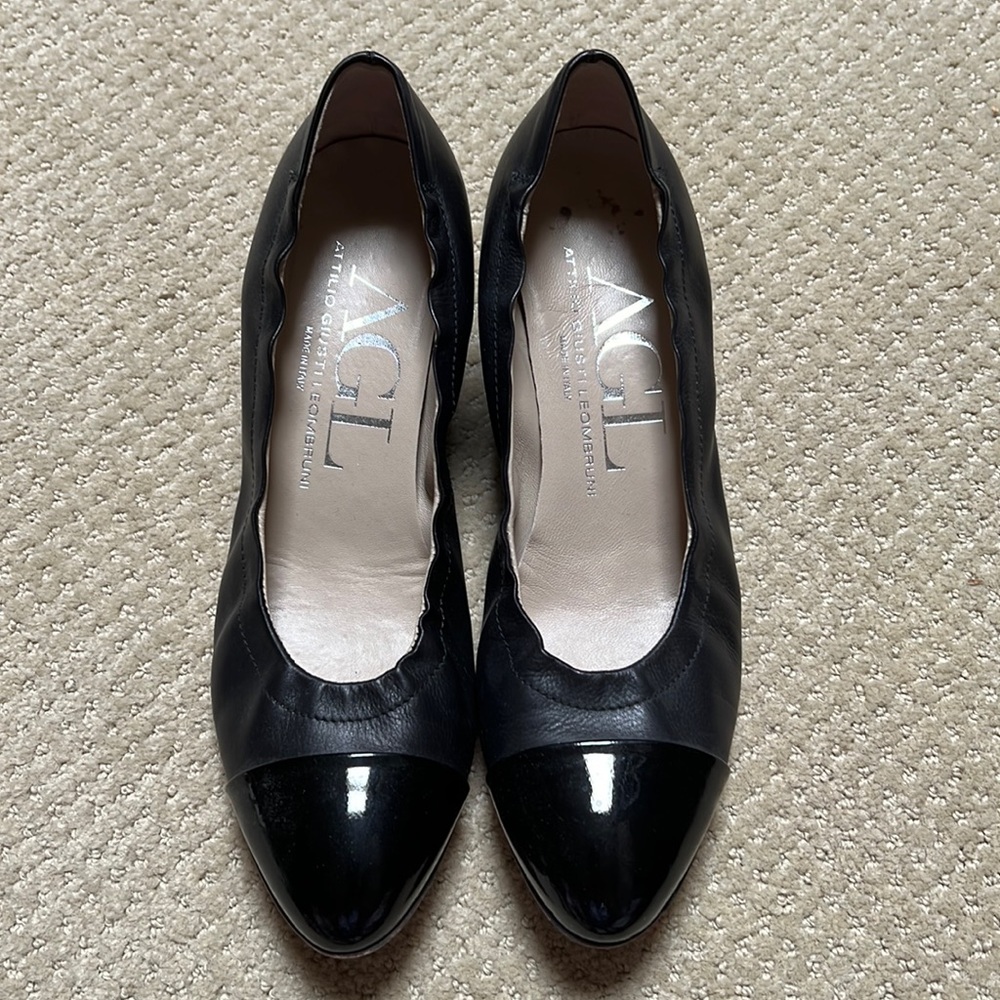 Black AGL leather and patent ballet wedges with snakeskin detail. Size 38.5